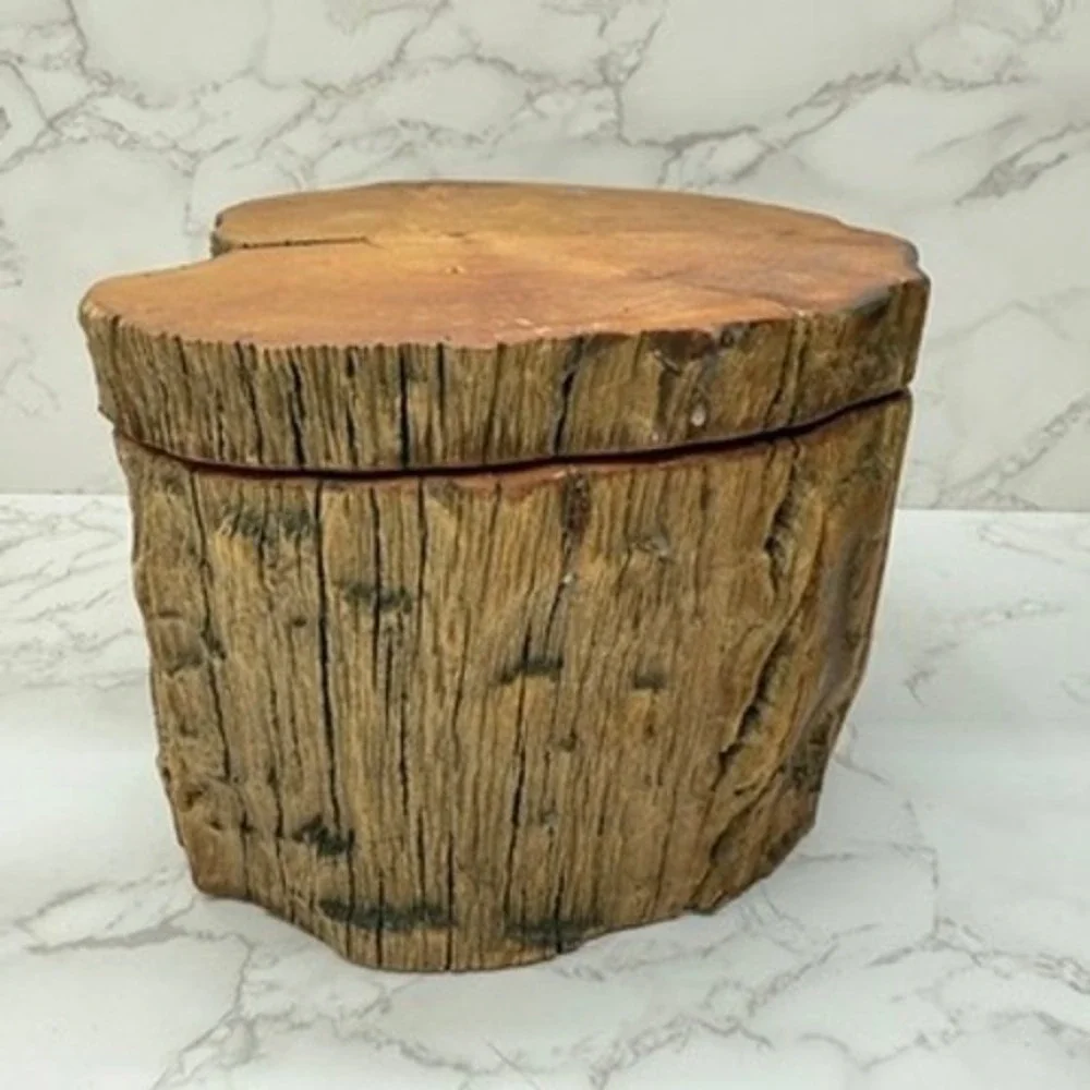 Log Wood Storage Box Hand Carved Trinket Heart Shaped Lined‎ Jewelry Keepsake